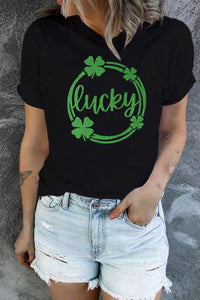 Black St Patrick Sequin Lucky Clover Print Short Sleeve T-shirt