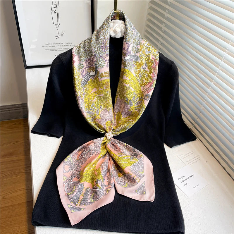 90cm Silk Twill Square Scarf For Women Spring Print Hair Band Hijab Foulard Sunsceen Neckerchief Shawl Wraps Echarpe New