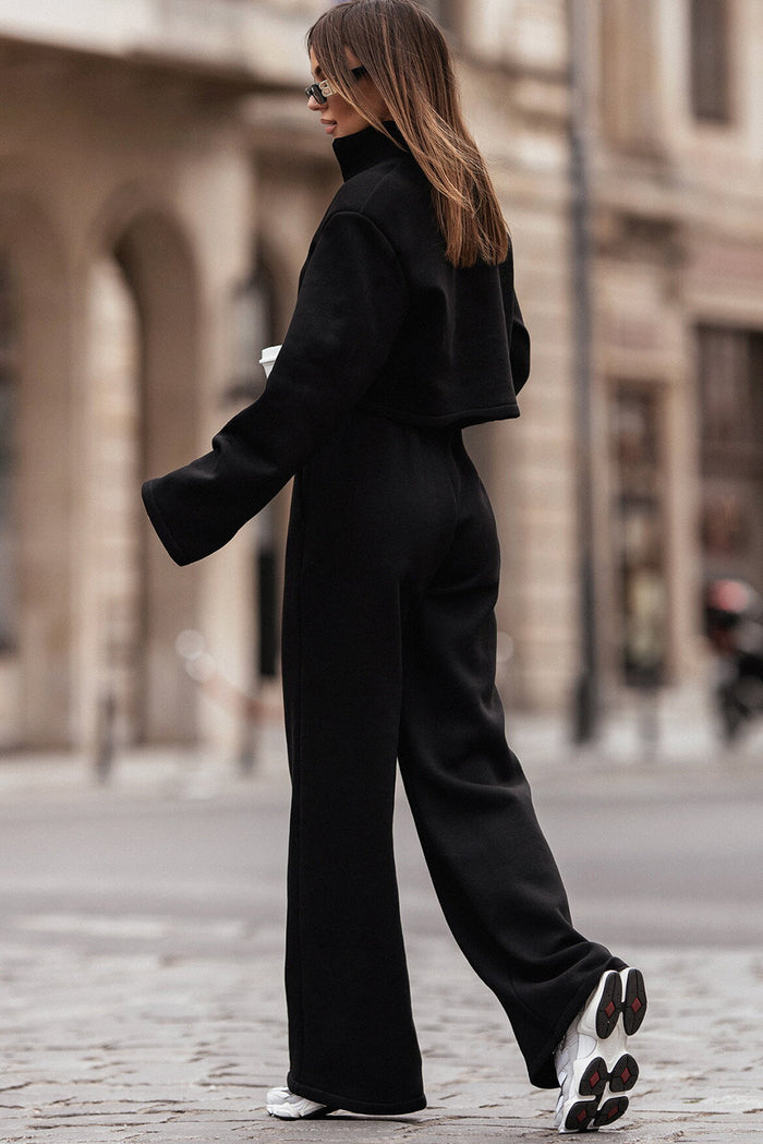 Black Zipped Collared Crop Top and Wide Leg Pants Set