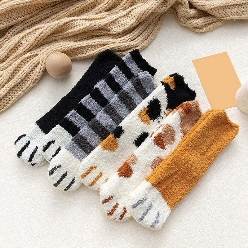 Women Winter Warm Fluffy Socks Cute Animal Claw Cat Paw Footprint Fuzzy Socks Female Thick Coral Fleece Home Floor Sleep Socks