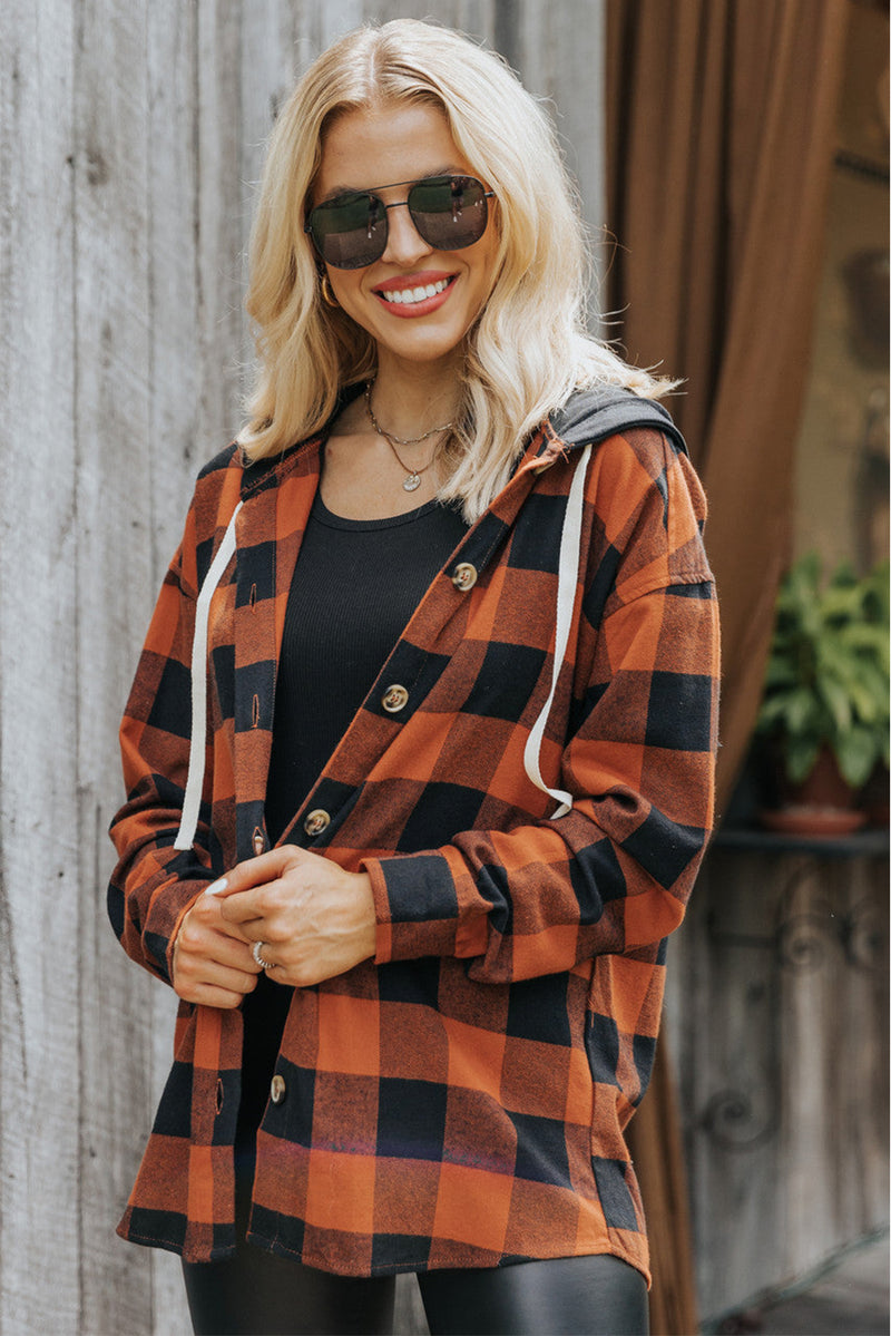 Gold Flame Buffalo Plaid Drawstring Hooded Shacket