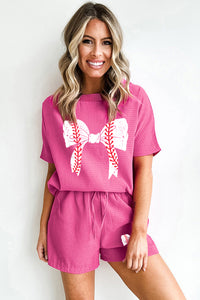 Rose Red Textured Baseball Bowknot Graphic Tee and Shorts Set