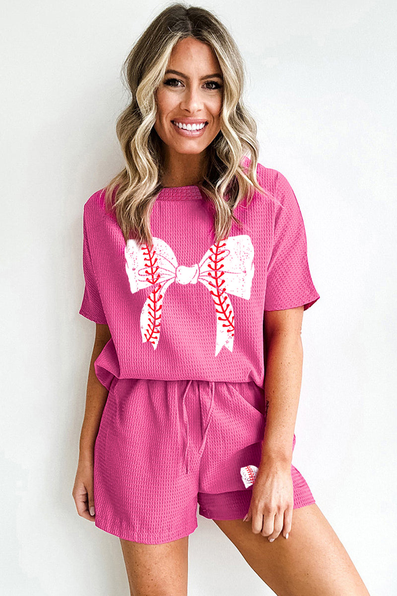 Rose Red Textured Baseball Bowknot Graphic Tee and Shorts Set