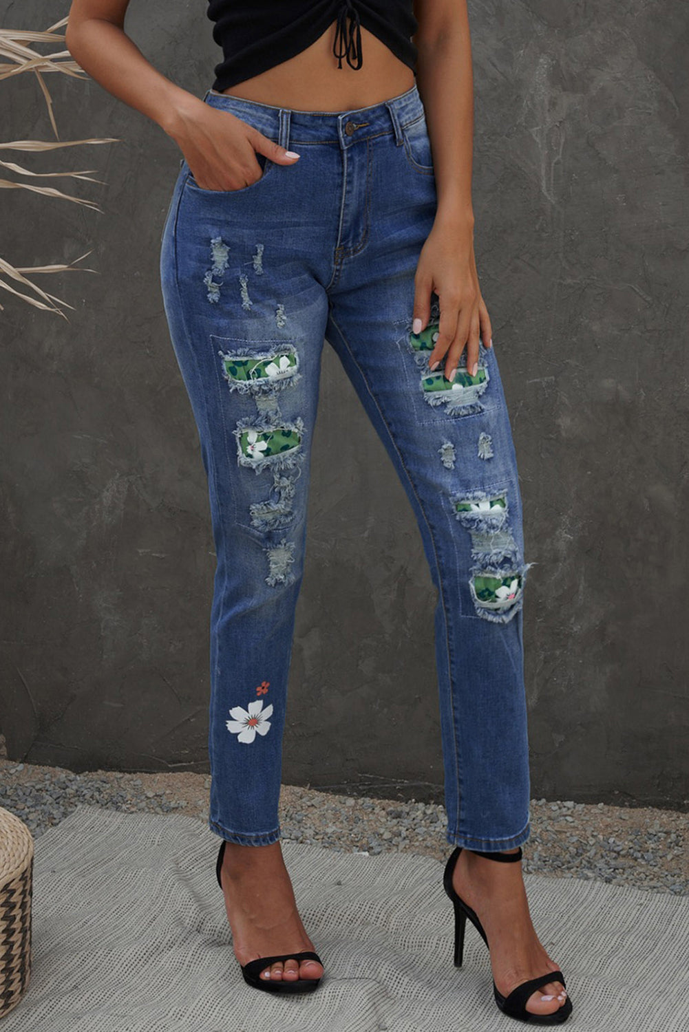 Sky Blue Floral Leopard Print Patchwork Distressed High Waist Jeans