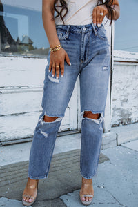 Sky Blue Open Knee Cutout Straight Leg Jeans