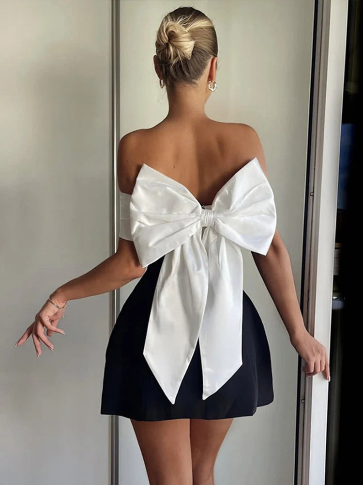 Sexy Backless Big Bow Mini Dress Women Elegant Off Shoulder Sleeveless Party Dresses 2024 Fashion Strapless Christmas Robe Lady