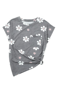 Gray Floral Cap Sleeve T-Shirt with Pocket