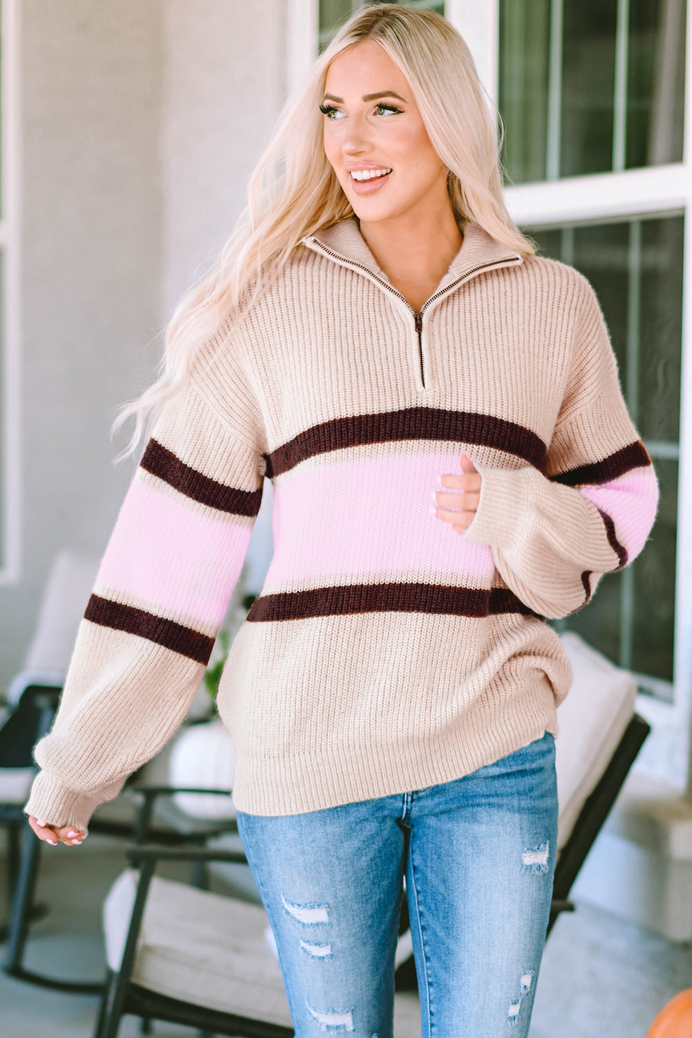 Apricot Striped Color Block Knit Zip Collared Sweater