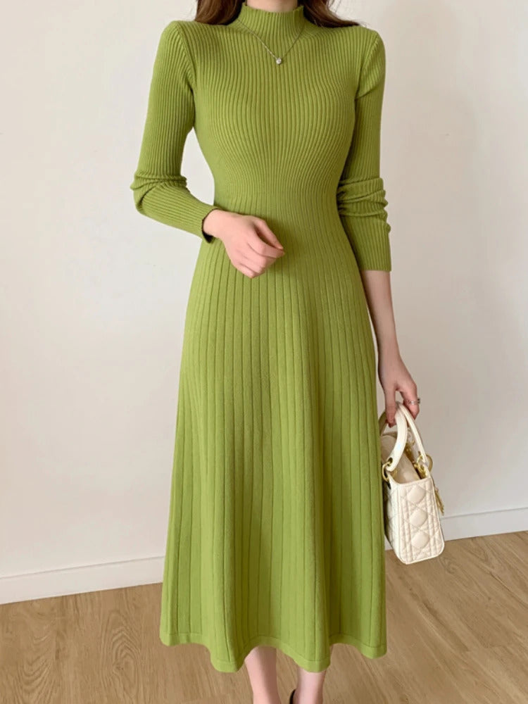 Autumn Winter 2023 Slim Long Sleeve Party Midi Dress for Women Knitted Half High Collar Elegant Knitted Sweater Dresses Ladies