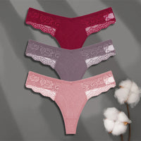 FINETOO 3Pcs Women's Cotton Underwear Lace Thongs Sexy Solid Color Low Waist Bikini Panties Ladies Breathable G-string Lingerie