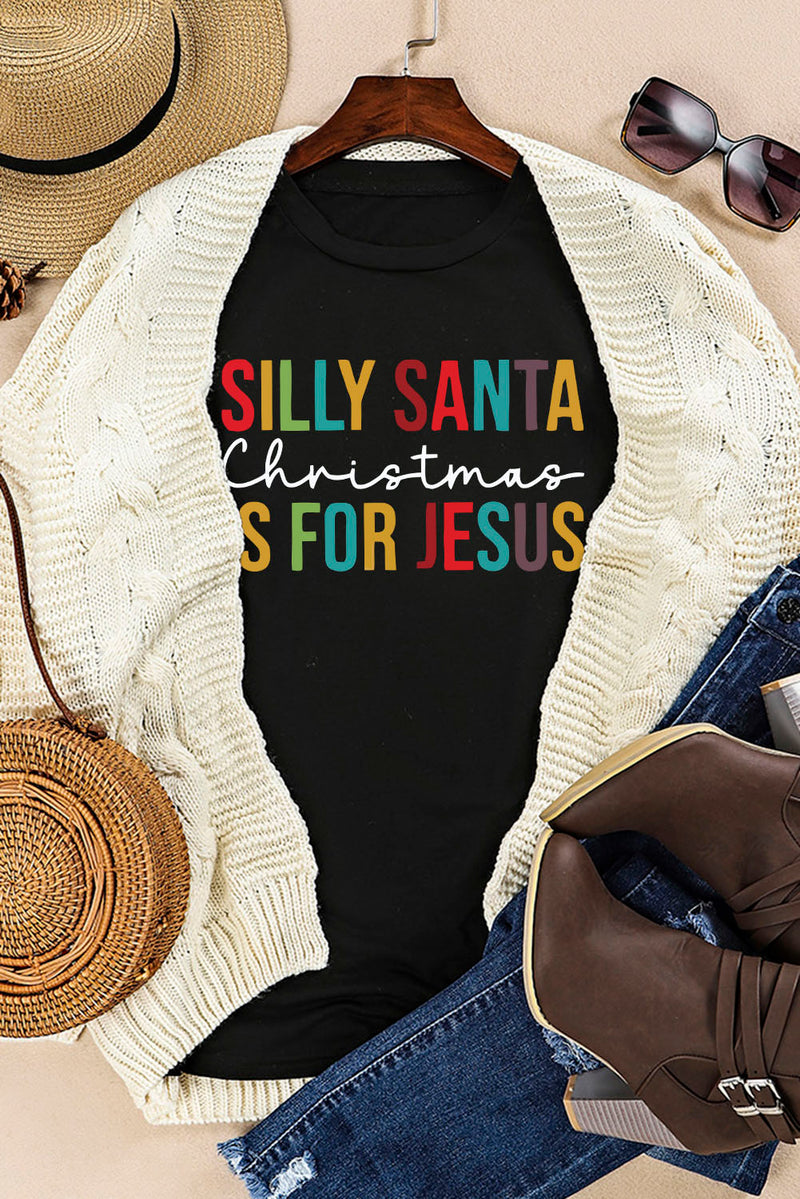 Black Silly Santa Christmas is For Jesus Graphic T Shirt