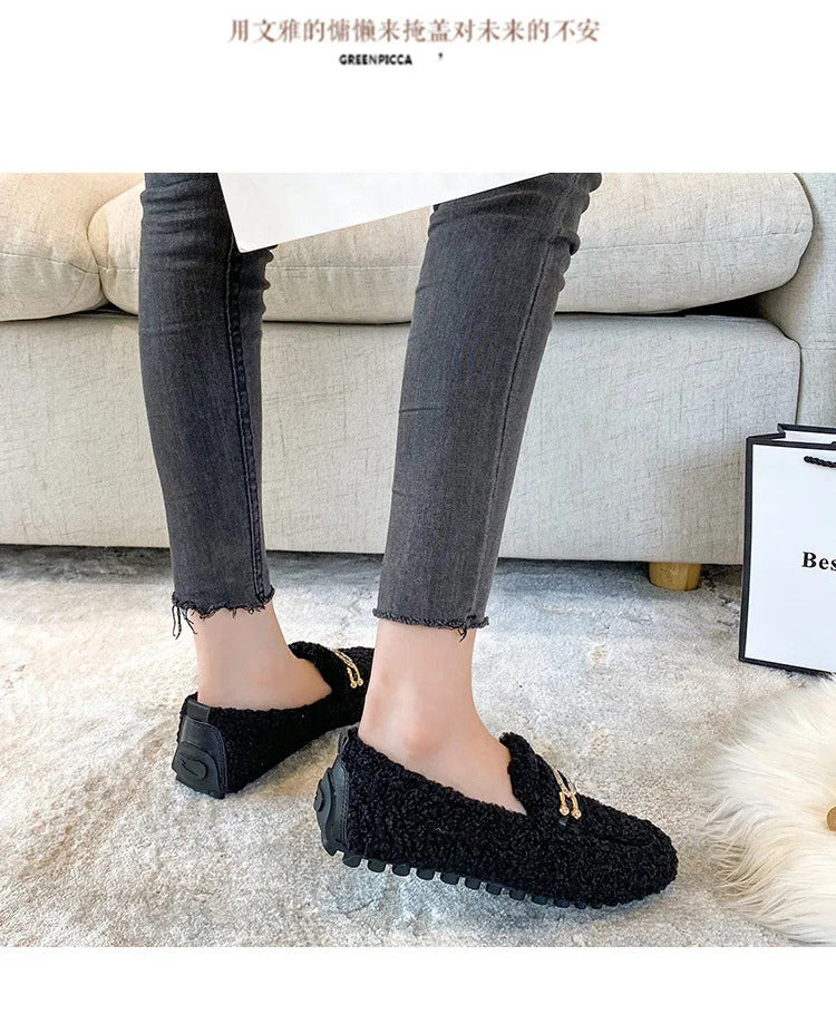 Luxury Sheep Fur Lined Loafers Women Lambswool Shoes Ladies Winter Slip On Furry Flats Cotton Wool Mocasine Femme Barefoot Boots