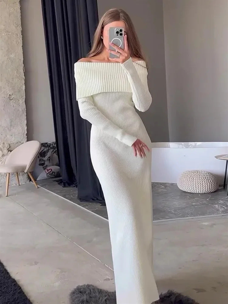 Tossy Fashion Knit Long Dress Off-Shoulder Female Ribbed Loose High Waist Elegant Autumn Party Dress Ladies Knitwear Maxi Dress