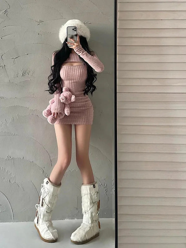 WOMENGAGA Sexy Hollow Zipper Tight Long Sleeved Sweater Knitted Dress Elegant Short Dress Fashion Sweet Kroean Women Top 1S4E