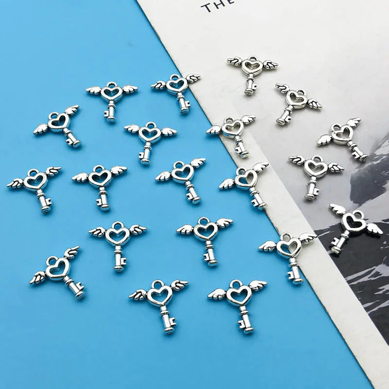 10/20pcs Antique Silvery Angel Wings Key Heart Creative Charm For Jewelry Making Bracelet Necklace Earrings Keychain DIY Handmad