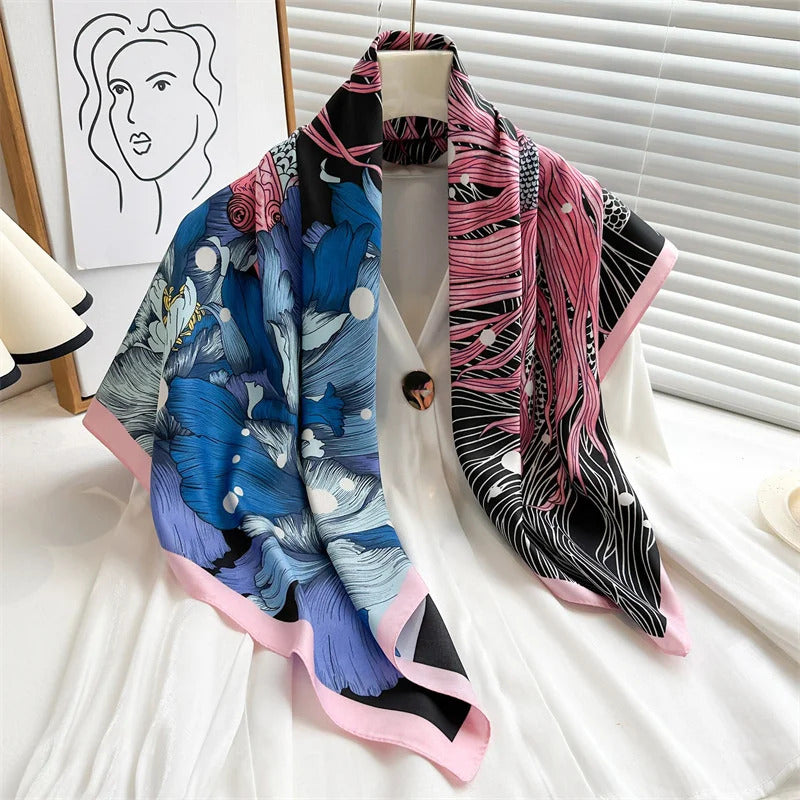 90*90Cm Square Scarf Twill Silk Feeling Women Head Shawls and Wraps Luxury Hair Tree Print Neck Scarves Hijab Bandana Pashmina