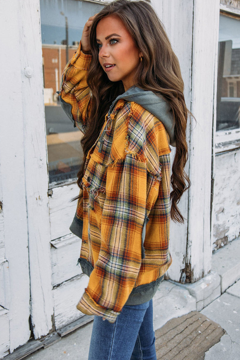 Medium Grey Plaid Patch Hooded Frayed Snap Button Jacket