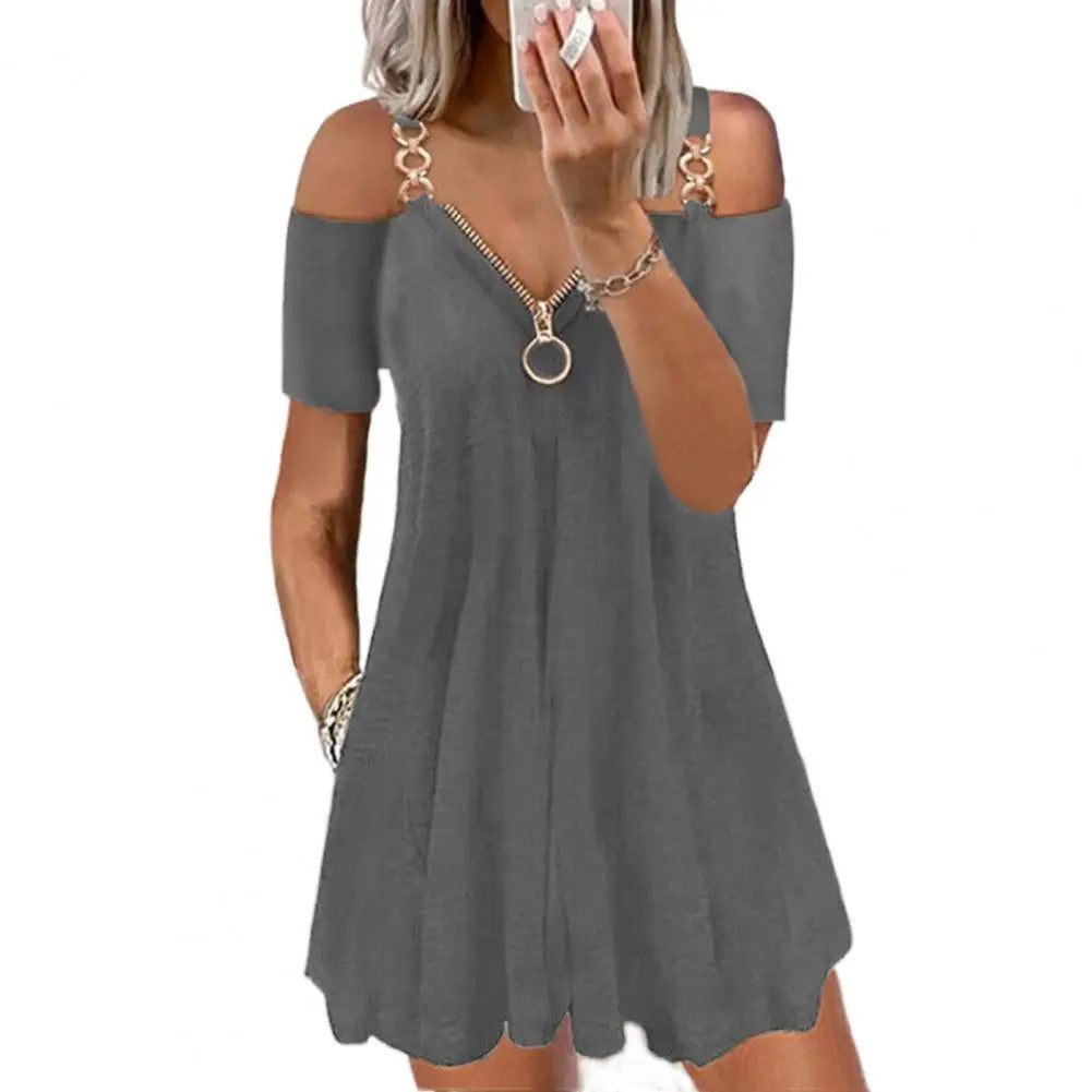 2023 Summer New Fashion Short Sleeve Solid Color Metal Zipper V Neck Casual Loose Mini Dress Loose Plus Size