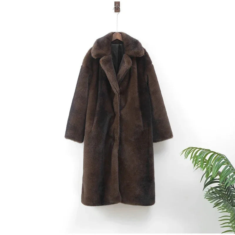 Dark Brown Faux Fur Long Overcoat For Women Fashion Lapel Single Breasted Loose Fluffy Plush Warm Coat Winter Thicken Outerwear