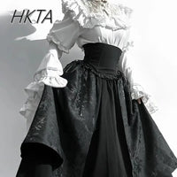 Gothic Shirt Y2k Top Lolita Girls Ruffle Umbrella Skirt High Waist Oversized Long Skirt Horn Long Sleeve Student Elegant Blouse