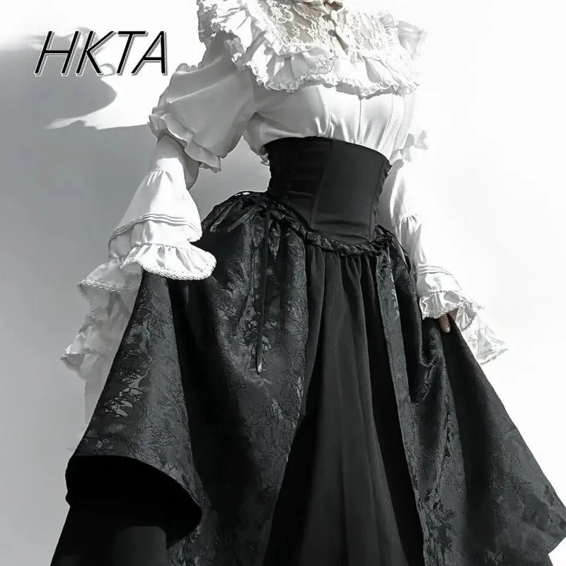 Gothic Shirt Y2k Top Lolita Girls Ruffle Umbrella Skirt High Waist Oversized Long Skirt Horn Long Sleeve Student Elegant Blouse