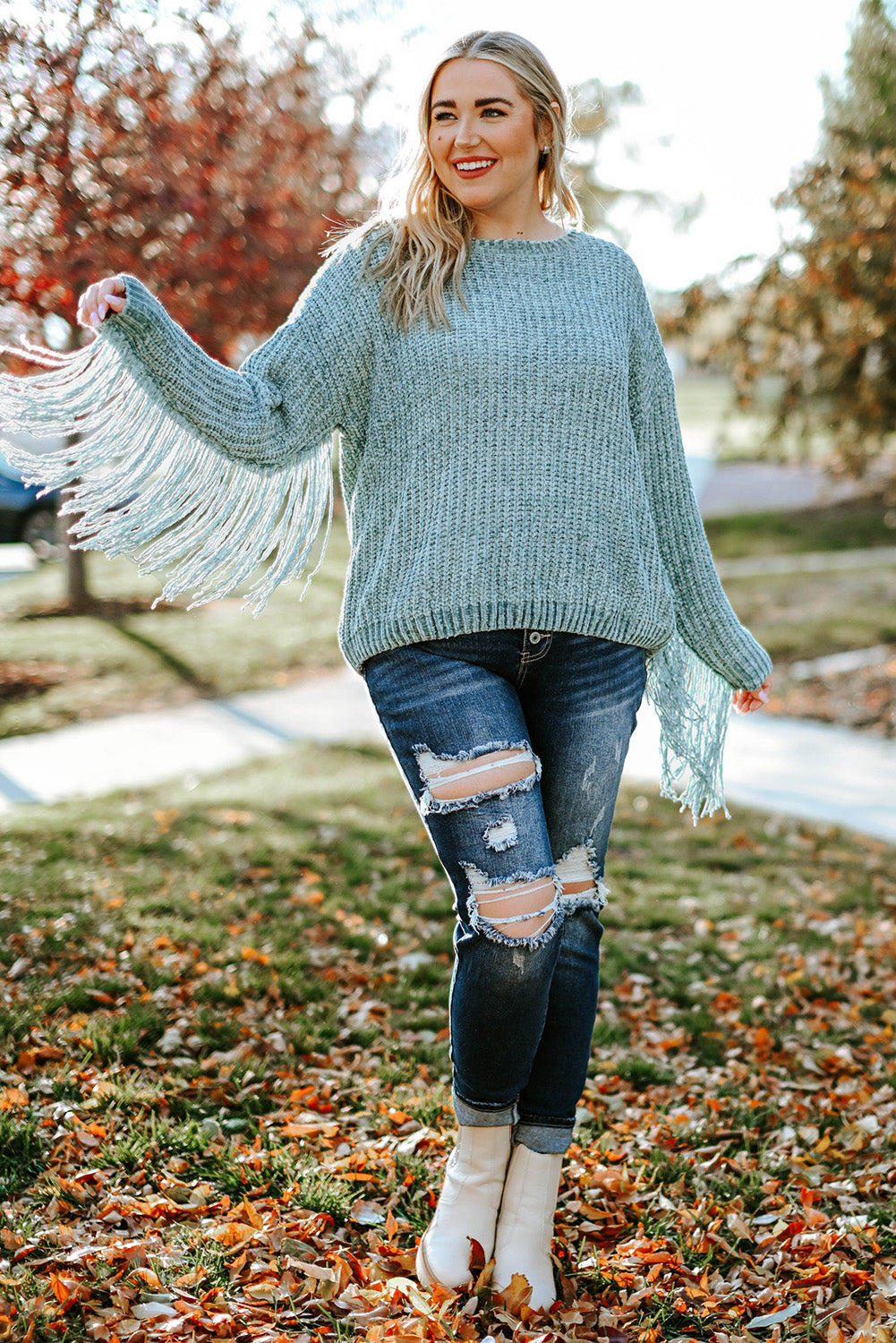 Gray Plus Size Fringed Long Sleeve Knit Sweater