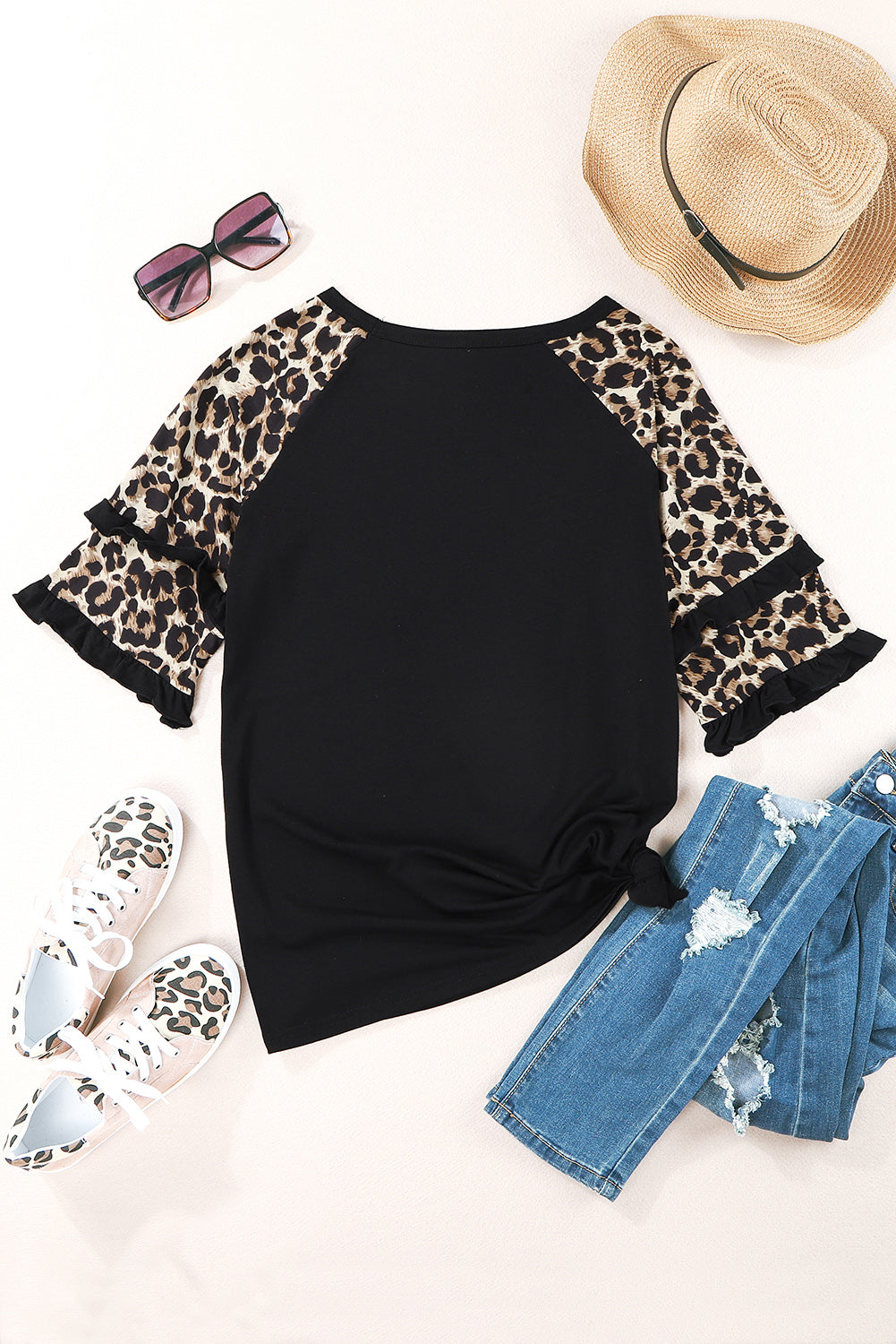 Blank Apparel - Black Ruffled Leopard Sleeve Patchwork Top