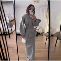 Elegant Puff Sleeve Slim Fit High Waist Women Coat Skirt Sets Fashion V Neck Solid Button Lady 2 Piece Set 2024 Chic Street Wear