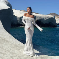 Suninheart White Off The Shoulder Bodycon Dress 2024 New in Flare Sleeve Elegant Lace Maxi Dress Wedding Guest Dress for Women