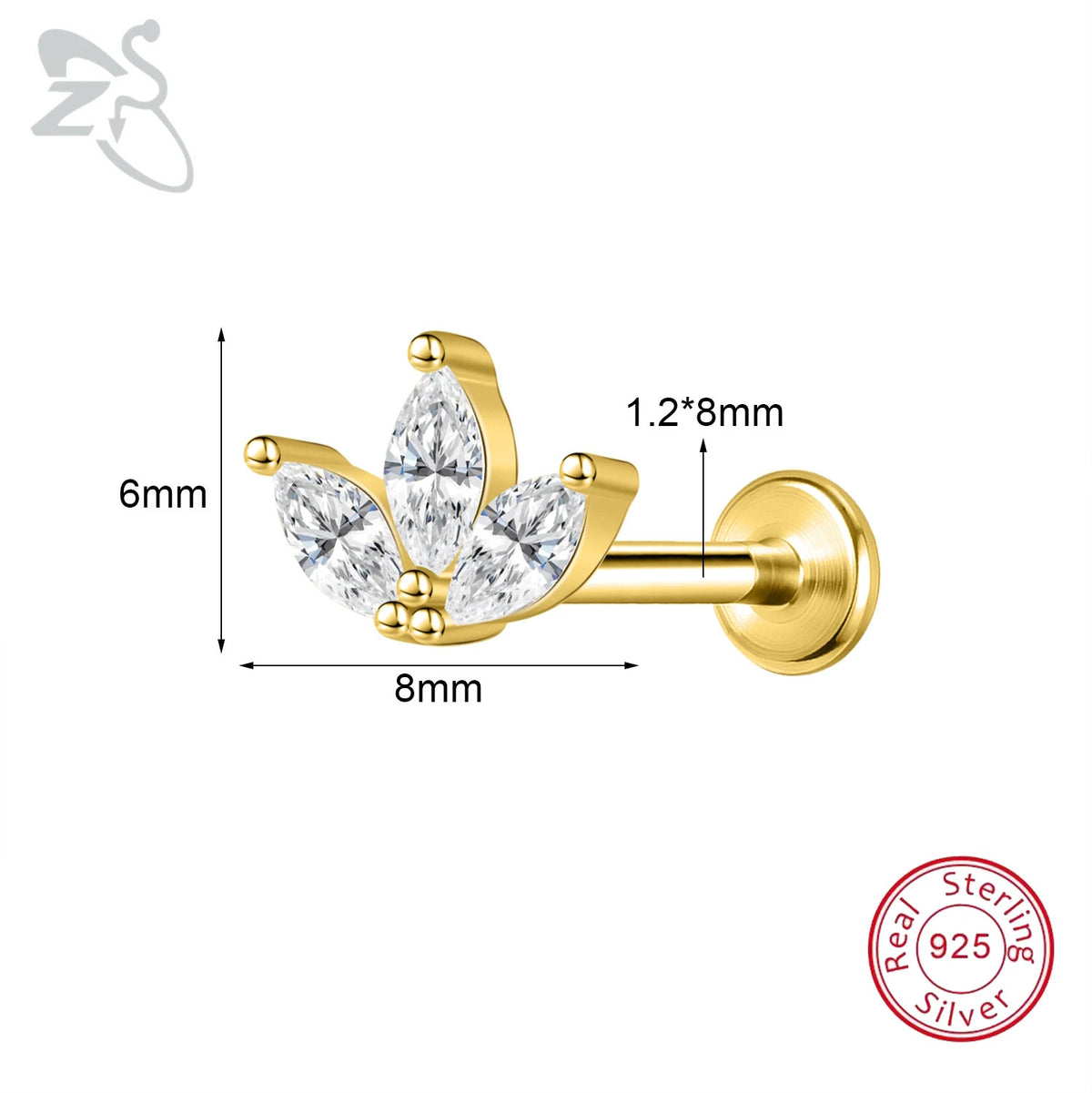 ZS 1PC 925 Sterling Silver Lip Ring Gold Color Labret Lip Stud Snake Cross Star Lip Piercing for Women Men 16G Cartilage Earring