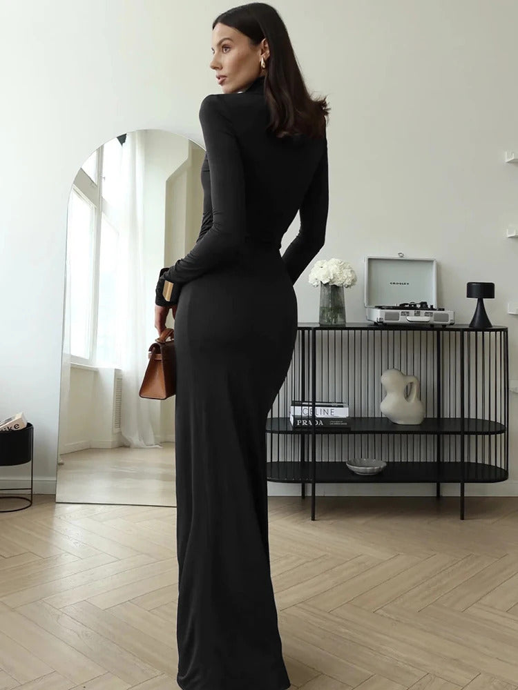 JULISSA MO Sexy High Slit Bandage Women Long Dress Black Turtleneck Long Sleeve Dress Female Winter Slim Elegant Women Clothing