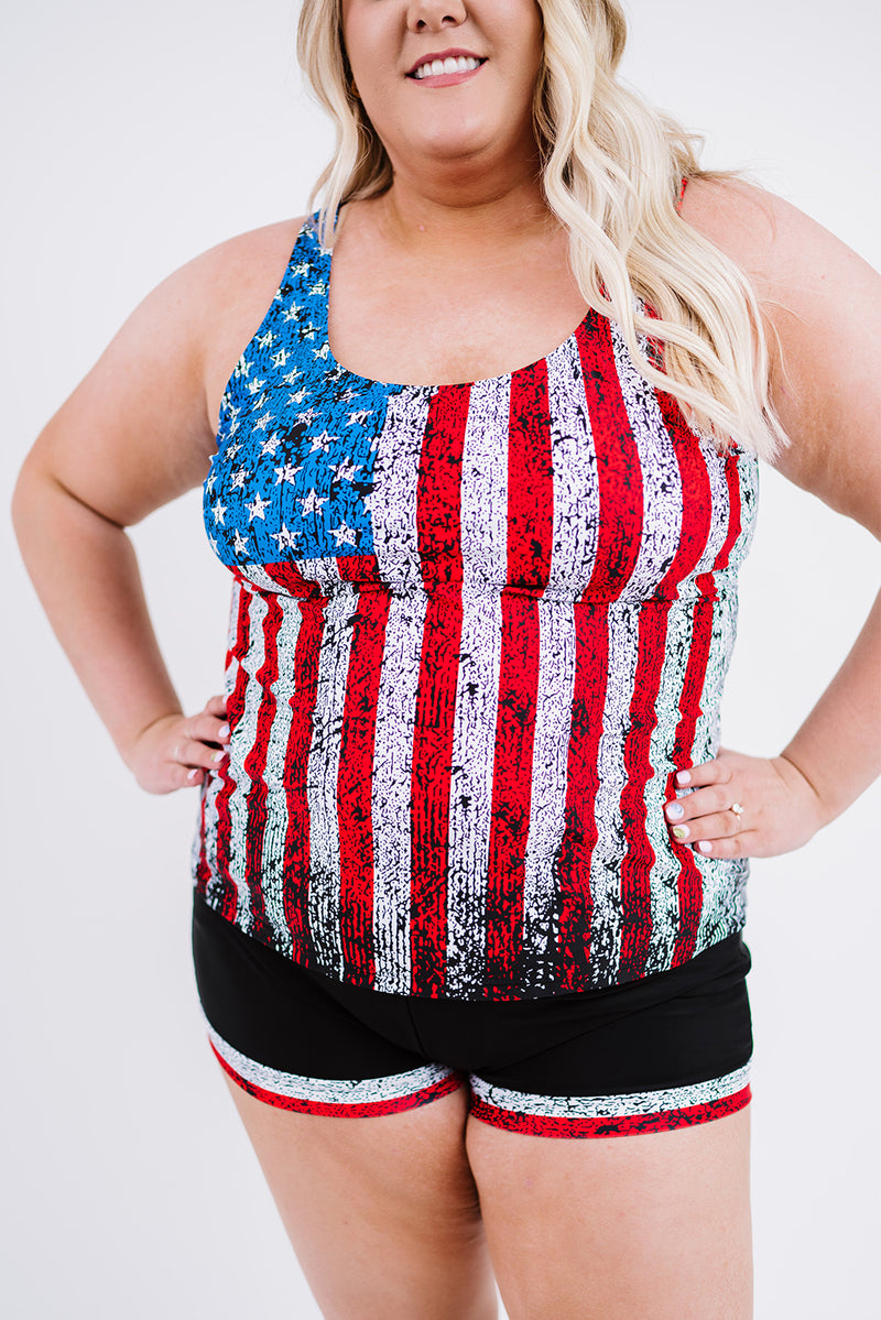 Multicolor Multicolor Multicolor American Flag Print Tankini Plus Size Swimwear