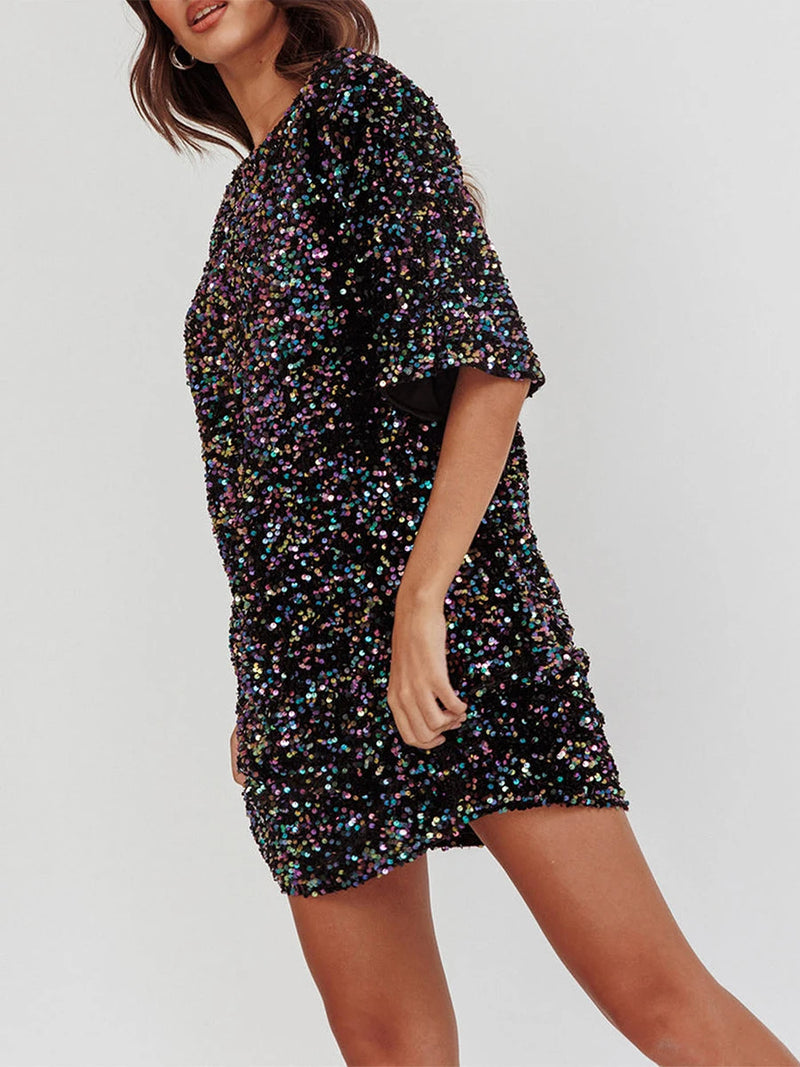 Women s Sequin Dress Casual Loose Sparkly Round Neck Short Sleeve Open Back Tie-Up Mini T-Shirt Dress for Party Club