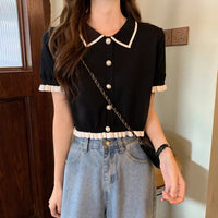 Sweet Women Shirt Korean Knitted Turn Down Collar Chic Short Sleeve Female Blouse Summer Retro Slim All Match Ladies Crop Tops