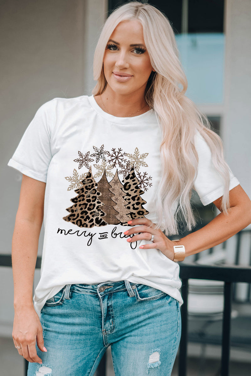 Black Leopard Christmas Tree Graphic Crew Neck T Shirt