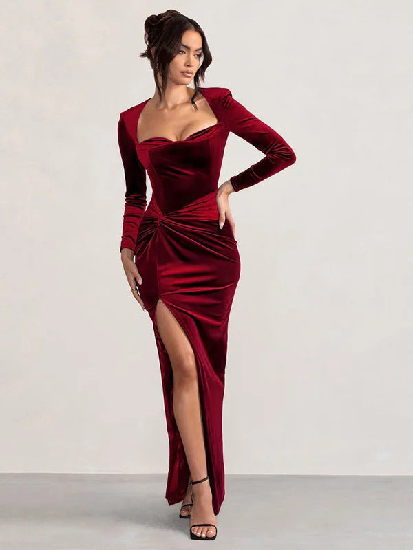 Articat Sexy Velvet Elastic Tight Long Sleeved Dress Elegant Bodycon Slit Party Evening Dress Autumn/winter 2025New Slim Vestido