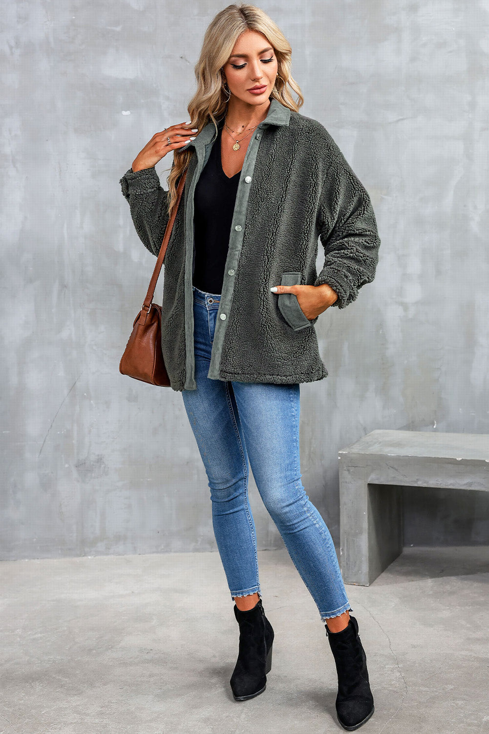 Gray Corduroy Trim Elbow Patch Sherpa Jacket