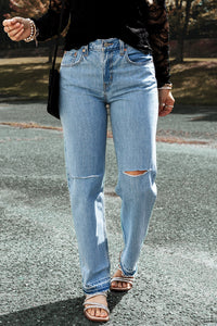 Light Blue Distressed Slit Leg Raw Edge Straight Jeans