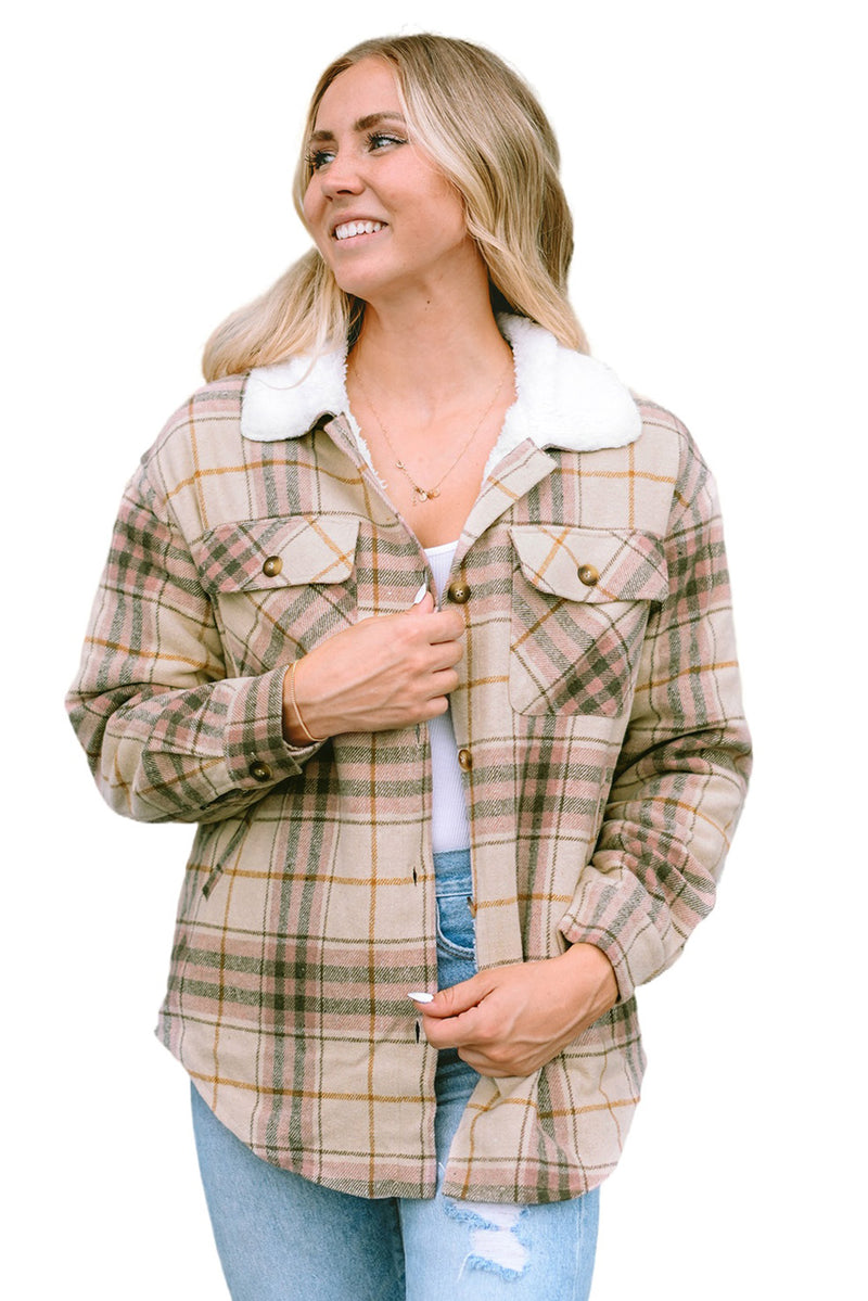 Pink Winter Sherpa Lined Plaid Shacket with Chest Pockets