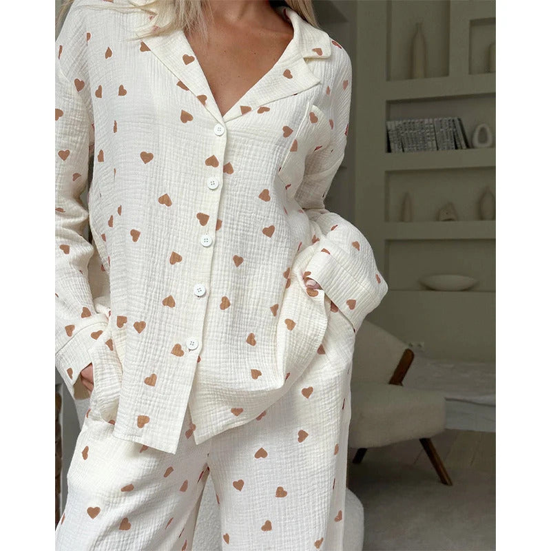 Summer New Love Heart Print Pyjama 100% Cotton Long Sleeve Set 2Pcs Outfit Lapel Sleepwear Button Down Women's Pajamas Nightwear