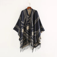 Cloak Poncho Capes 2024 New Indian Nepalese Style Geometric Tassel Split Women Shawl Warm Air Conditioning Room Lady Blue