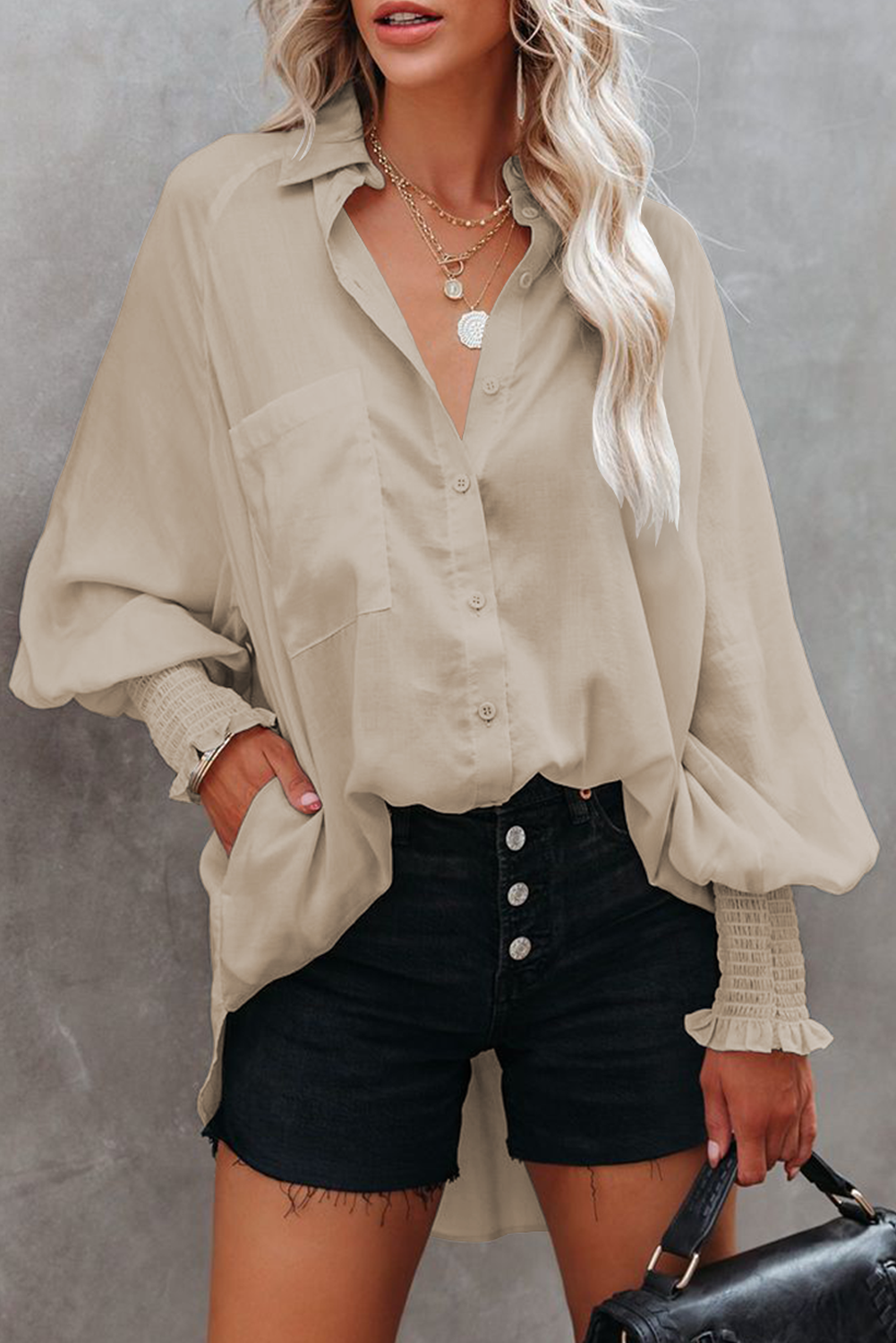 Apricot Billowy Sleeves Pocketed Shirt