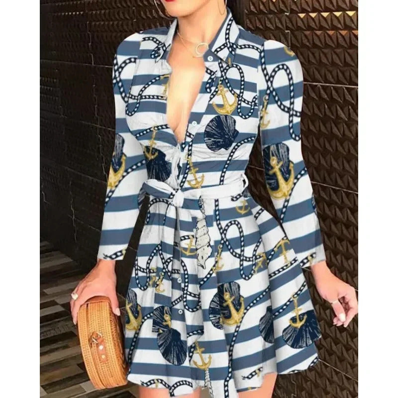 Hot Selling Women's S-2XL Size Fall Lapel Button Long Sleeve Casual Dress Fashion Printed with Belt Elegant Women's Dresses