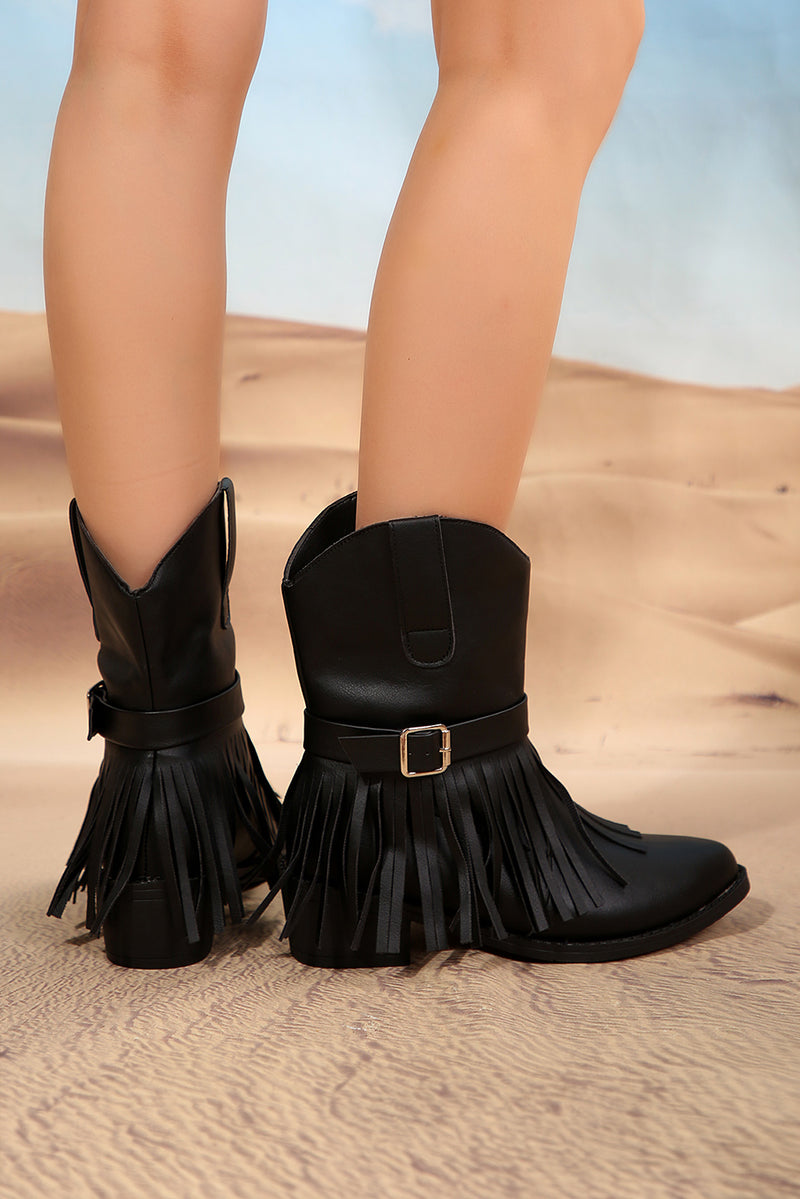 Black Fringed Wide Calf Faux Leather Western Boots