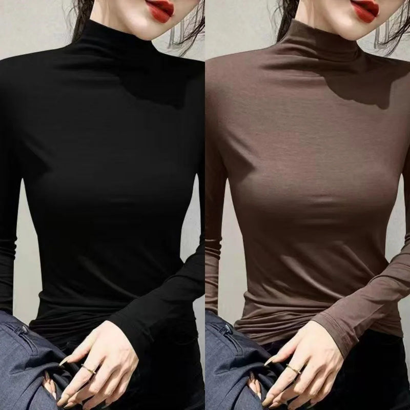 Plus Size Basic All-Match Women T-Shirt High Neck Casual Slim Fit Fleece Warm Autumn Winter Office Lady's Top Elegant Fashion