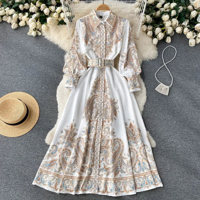 WEIN Vintage Dress Women Palace Retro Printing Dress Floral Long Sleeve Midi A Line Elegant  Spring Vestidos Wholesale Clothing