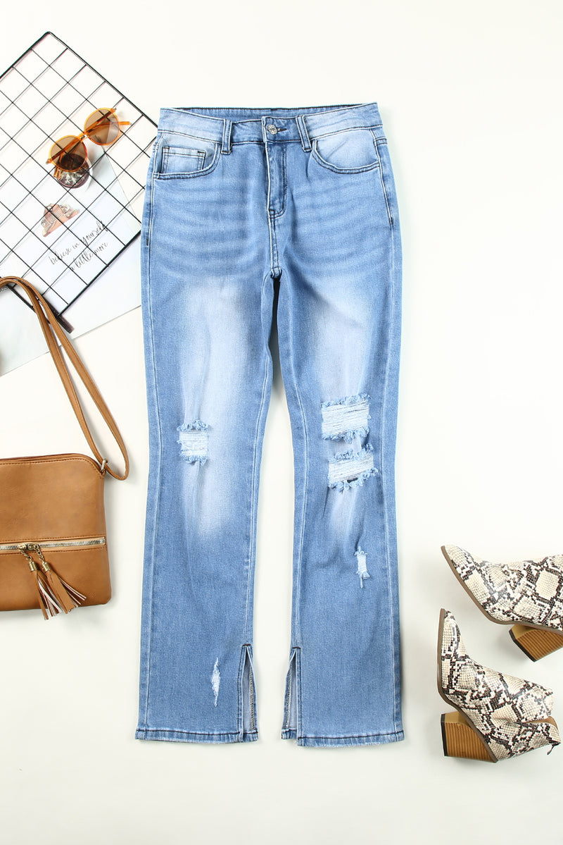 Sky Blue Side Splits Ripped Straight Leg High Waist Jeans