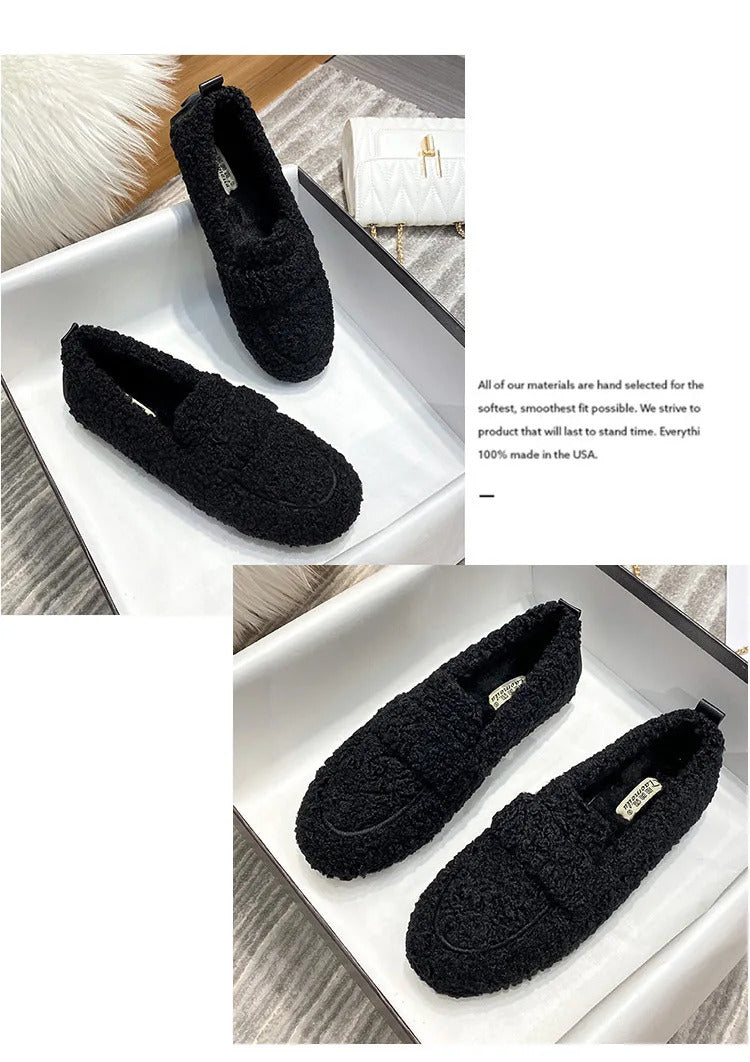 Luxury Sheep Fur Lined Loafers Women Lambswool Shoes Ladies Winter Slip On Furry Flats Cotton Wool Mocasine Femme Barefoot Boots