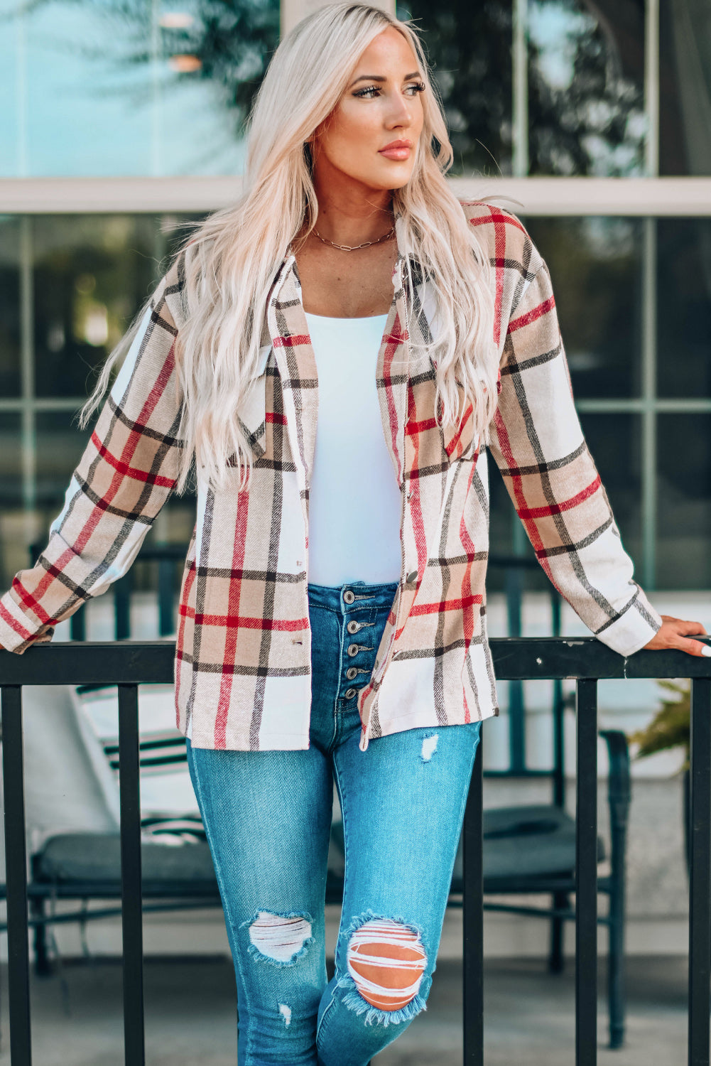 Green Plaid Print Buttoned Shirt Coat with Pocket