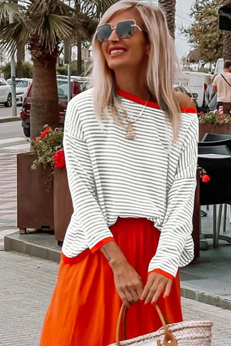 Gray Contrast Trimmed Striped Drop Shoulder Sweater